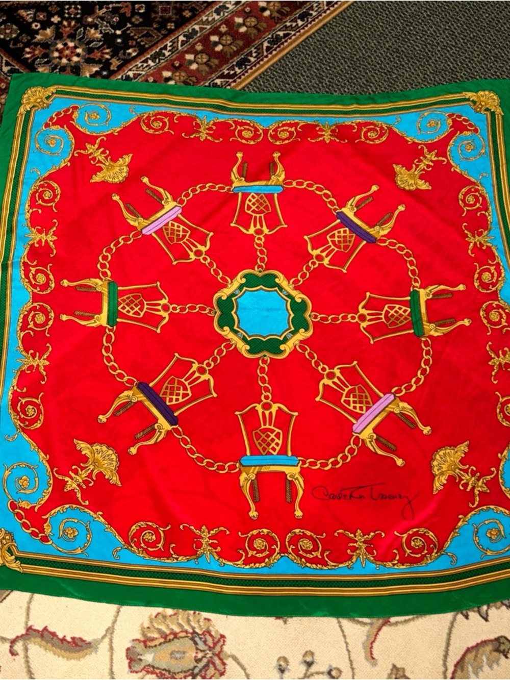 Large Carleton Varney Vintage 100% Silk Scarf Wrap Chairs & Chains 42” Square EX